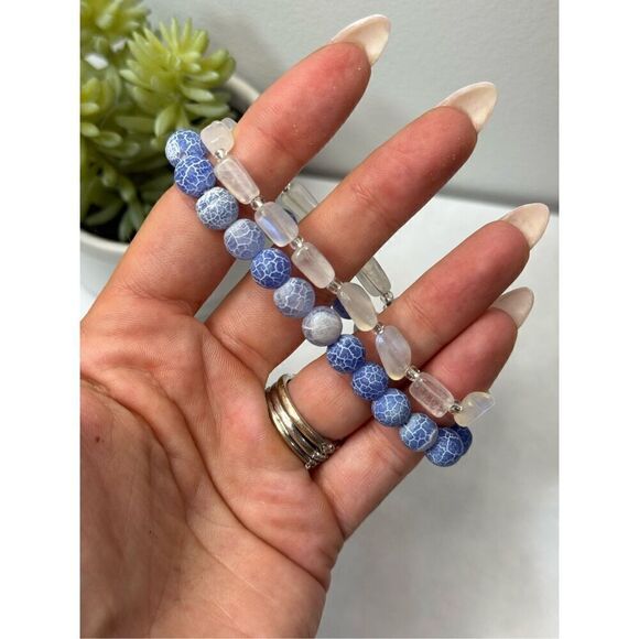 Purple Blue Crackle Agate + Moonstone Gemstone Beaded Stretch Bracelets - Picture 1 of 5